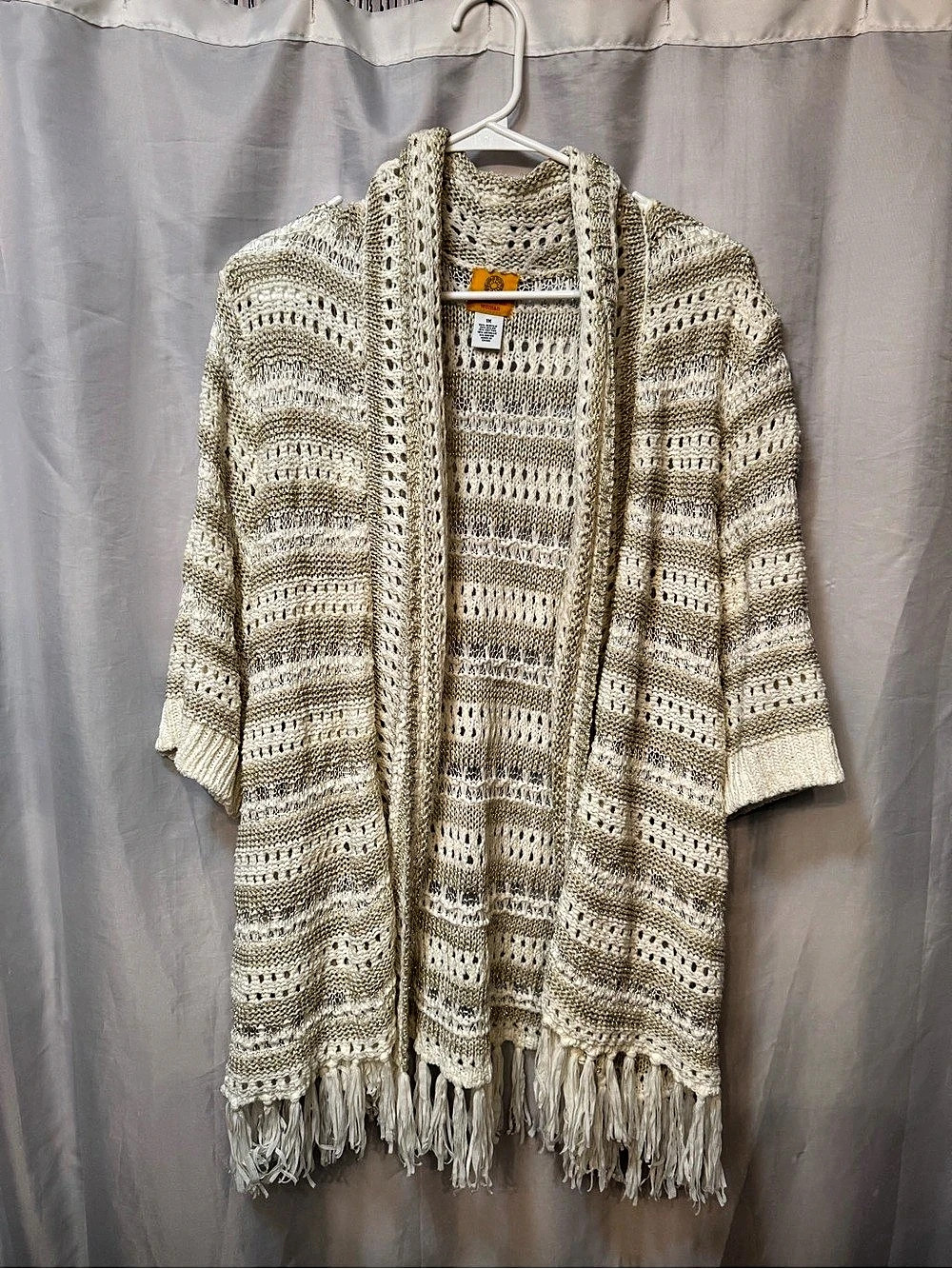Ruby Rd Woman 1X Ivory Gold Crochet Fringe Cardigan